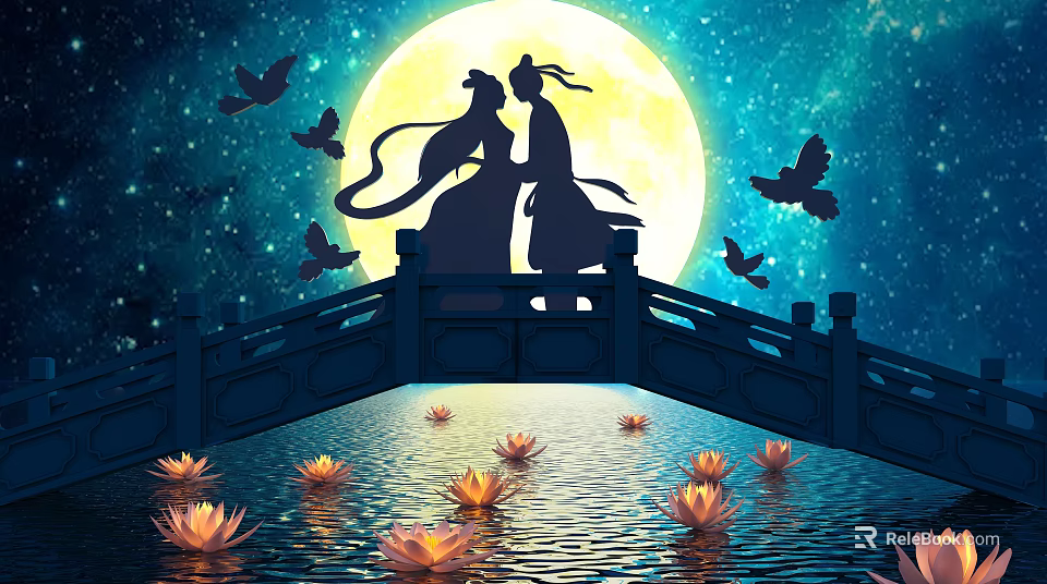 Romantic Cartoon Scene Of Two Figures Embracing On Bridge With Full Moon Lotus Flowers And Flying Birds 3d model 
