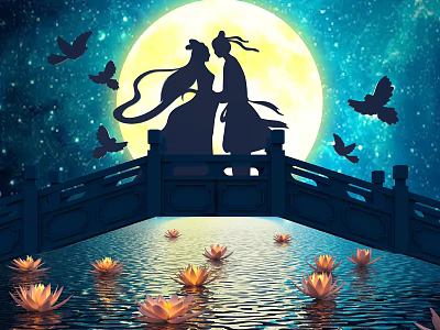 Romantic Cartoon Scene Of Two Figures Embracing On Bridge With Full Moon Lotus Flowers And Flying Birds 3d model