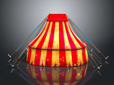 Vibrant Red And Yellow Striped Circus Tent With Star Patterns And Support Poles 3d model