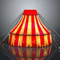 Vibrant Red And Yellow Striped Circus Tent With Star Patterns And Support Poles