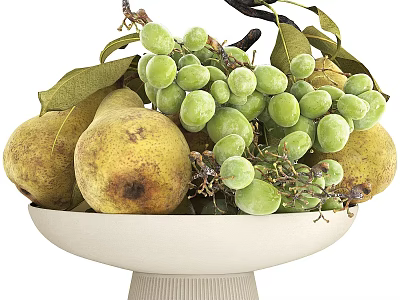 White Bowl Filled With Fresh Green Grapes And Yellow Pears With Leaves 3d model