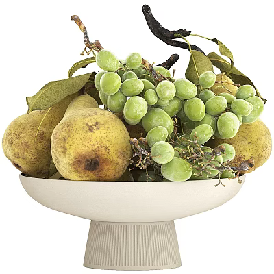 White Bowl Filled With Fresh Green Grapes And Yellow Pears With Leaves 3d model