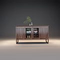 Modern Wooden Sideboard With Glass Doors Dishes Bottles And Top Plant Decoration