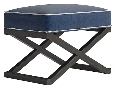 Modern Blue Upholstered Ottoman With Nailhead Trim And Cross Wooden Frame 3d model