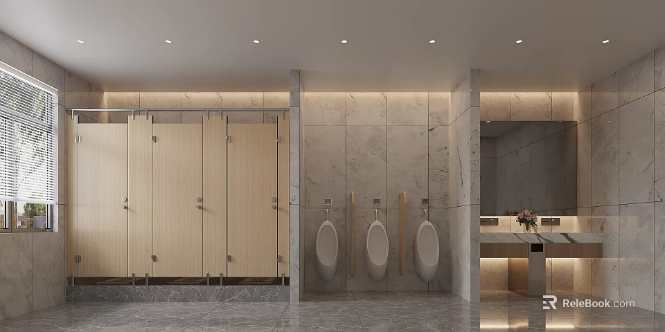 Modern Public Toilet Interior With Wooden Cubicles Urinals And Marble Walls 3d model 