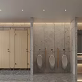 Modern Public Toilet Interior With Wooden Cubicles Urinals And Marble Walls