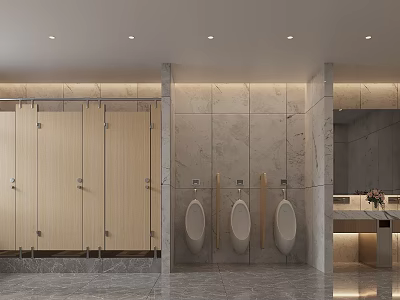 Modern Public Toilet Interior With Wooden Cubicles Urinals And Marble Walls 3d model