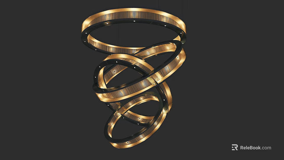 Elegant Modern Spiral Chandelier with Layered Circular Golden Black Rings 3d model 