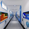 Modern Tech Inspired Elevator Corridor With Blue Orange Decorations Seating Windows And Ceiling Lights 3d model