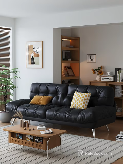 Modern Living Room With Black Leather Sofa Yellow Pillows Plant And Bookshelf Decor 3d model 