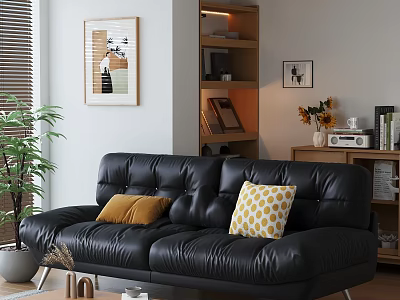 Modern Living Room With Black Leather Sofa Yellow Pillows Plant And Bookshelf Decor 3d model