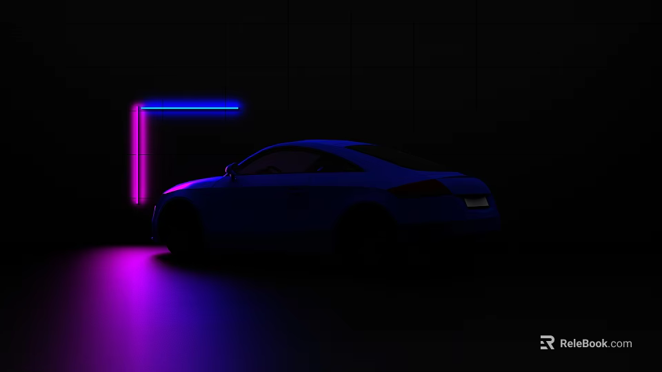 Silhouette Car in Dark Background with Blue and Pink Neon Light Strips and Glow Effect 3d model 