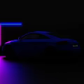 Silhouette Car in Dark Background with Blue and Pink Neon Light Strips and Glow Effect