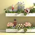 Vibrant Flowers and Green Plants on Tiered White Shelves with Purple Lavender and Pink Blooms