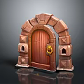 Medieval Style Arched Stone Gate With Wooden Door And Golden Knocker