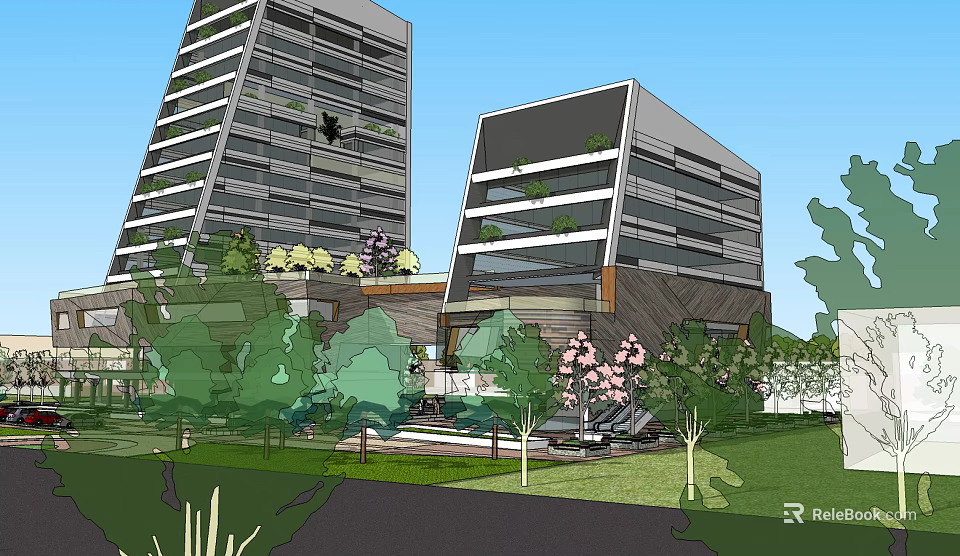 Modern Office Building With Glass Facade And Green Landscaping Including Trees And Lawn 3d model 