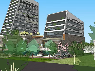 Modern Office Building With Glass Facade And Green Landscaping Including Trees And Lawn 3d model