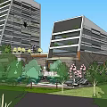 Modern Office Building With Glass Facade And Green Landscaping Including Trees And Lawn