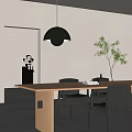 Wooden Dining Table Set With Black Chairs Pendant Light And Vase In Gray Minimalist Room