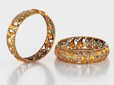 Exquisite Handcrafted Golden Bracelets Featuring Intricate Filigree Patterns And Colorful Gemstone Accents 3d model