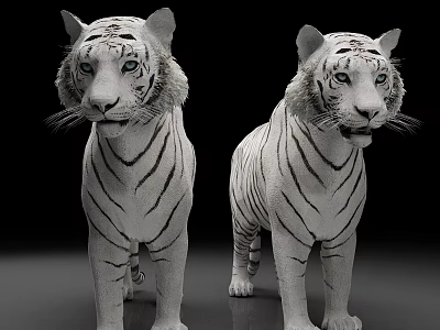 Two White Tiger Statues With Detailed Stripes And Lifelike Postures For Art 3d model