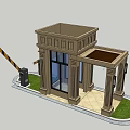 Small Security Booth Entrance With Yellow Black Striped Tape And Green Lawn