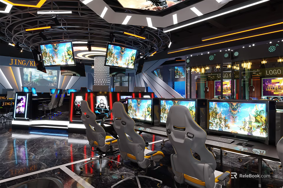 Modern Gaming Cafe Space With Multiple Screens Comfortable Seats And Modern Lighting Design 3d model