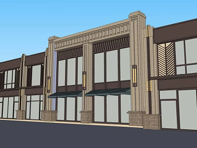 Modern Commercial Complex Exterior With Large Glass Windows Decorative Columns And Canopies 3d model