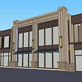 Modern Commercial Complex Exterior With Large Glass Windows Decorative Columns And Canopies