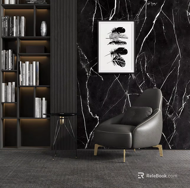 Elegant Black Leather Single Sofa Against Marble Wall with Feather Artwork and Round Side Table 3d model