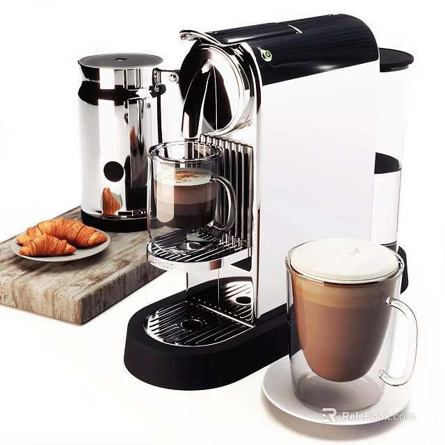Stainless Steel Espresso Machine Brewing Coffee With Croissants On Wooden Board 3d model 