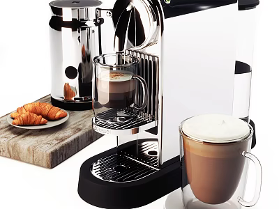 Stainless Steel Espresso Machine Brewing Coffee With Croissants On Wooden Board 3d model