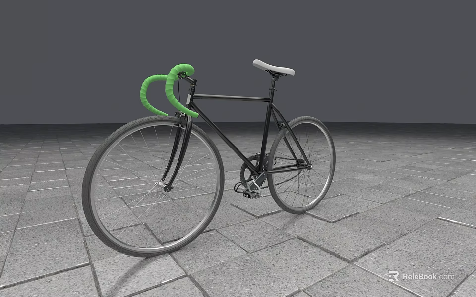 Black Bicycle With Green Handlebars And White Seat On Gray Stone Pavement Against Gray Wall 3d model 