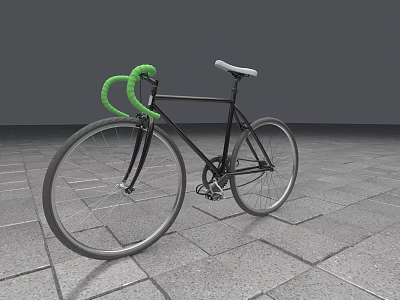 Black Bicycle With Green Handlebars And White Seat On Gray Stone Pavement Against Gray Wall 3d model
