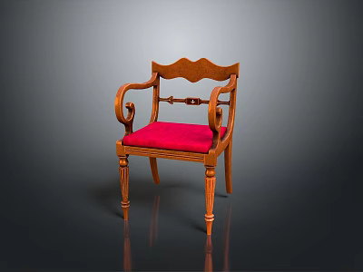 Elegant Classic Single Chair Wooden Frame Scalloped Backrest Red Upholstered Cushion Curved Armrests 3d model