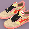 Beige Sneakers With Pink Sole Red Star Design Black Laces And Pink Tongue