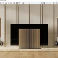 Modern Black Television with Striped Decorative Panel and Speakers on Wooden Floor