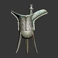 Ancient Bronze Wine Bottle And Cup Featuring Three Legs Greenish Blue Patina And Intricate Carvings