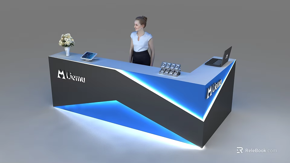 Modern MIKOMI Reception Desk With Professional Receptionist Illuminated LED Strips Flower Vase Tablet And Laptop 3d model 
