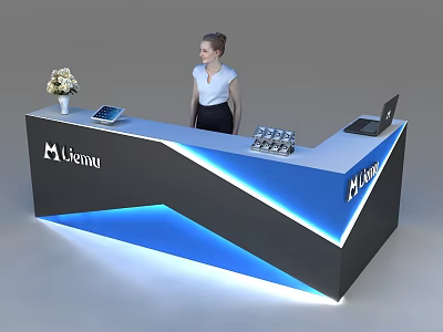 Modern MIKOMI Reception Desk With Professional Receptionist Illuminated LED Strips Flower Vase Tablet And Laptop 3d model