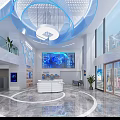 Modern Hotel Lobby Interior With Blue Spiral Decor Front Desk World Map And Marble Floor