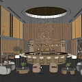 Modern Hotel Lobby Interior With Circular Bar Sofa Area Chandelier And Bookshelves