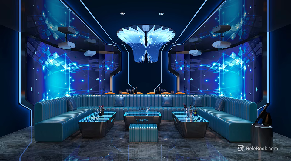 Modern KTV Interior With Blue Lighting Sofa Seats Coffee Tables And Ceiling Decor 3d model 