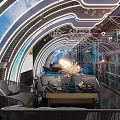Modern Bar Interior Featuring Large Tropical Beach Screen And Hanging Sphere Decorations