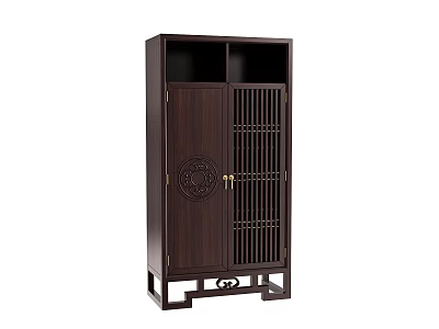 Traditional Dark Wood Wine Cabinet With Lattice Doors And Circular Carved Pattern 3d model