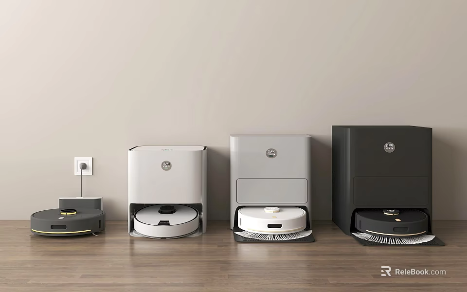 Robot Vacuum Cleaners in Four Different Colors Arranged on Wooden Floor with Light-Colored Wall 3d model 