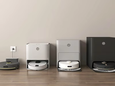 Robot Vacuum Cleaners in Four Different Colors Arranged on Wooden Floor with Light-Colored Wall 3d model