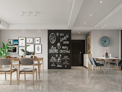 Modern Restaurant Interior With Dining Table Chairs Decorative Paintings Chalkboard Door And Green Plants 3d model