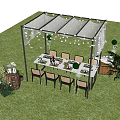Outdoor Pergola With Dining Table Chairs String Lights On Green Lawn