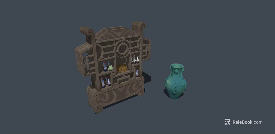 Traditional Chinese Curio Cabinet With Carved Design Holding Antique Vases And Green Ceramic Vase 3d model 